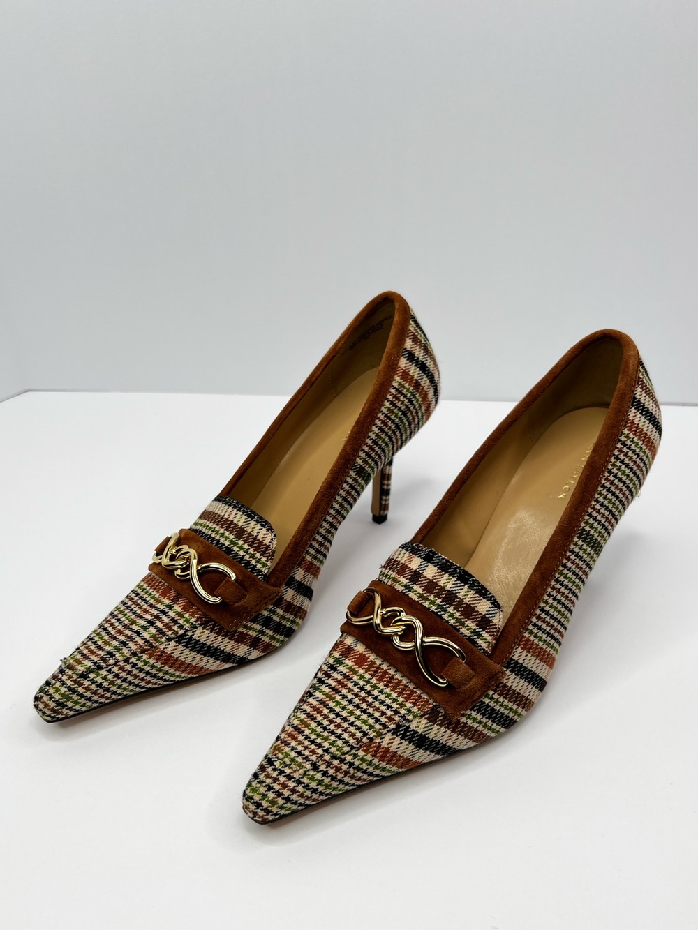 Ann Taylor Brown Plaid Chain Embellished Pointed Toe Pump Size 7